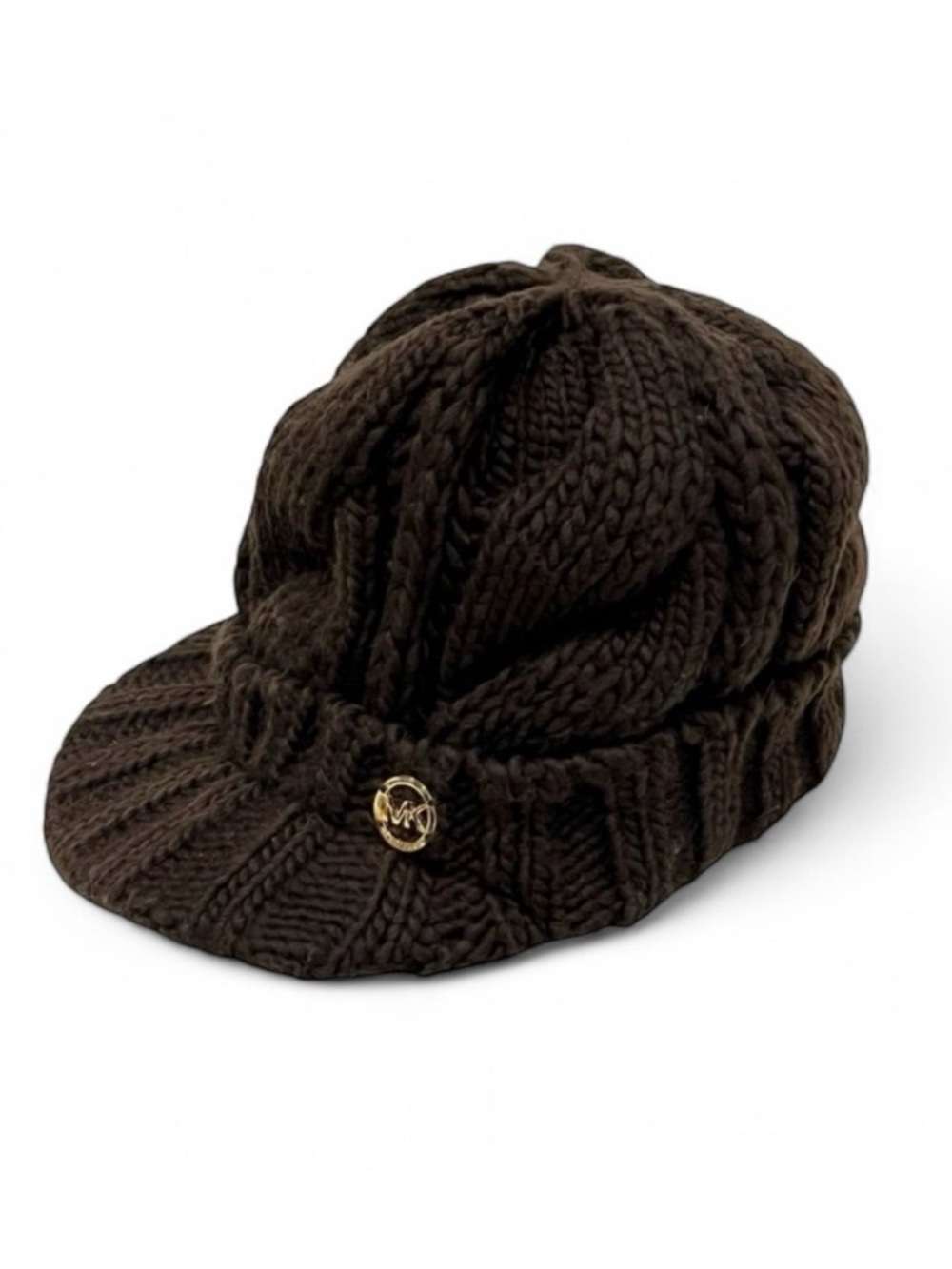 Michael Kors Brown Newsboy Cable Knit Brim Hat